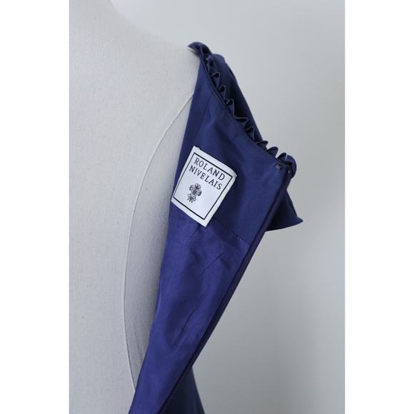 Roland Nivelais Size 6 100% Silk Sheath Cocktail Dress Pleated Hem Navy Blue - Picture 13 of 14